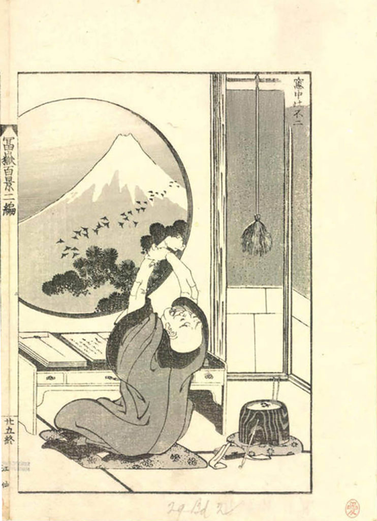 Katsushika Hokusai (1760–1849), Berg Fuji durch ein Fenster betrachtet, aus: 100 Ansichten des Berges Fuji, Japan, 1835, Tenpo (1830–1844) Farbholzschnitt © MAK Fuji in der MAK-Sammlung