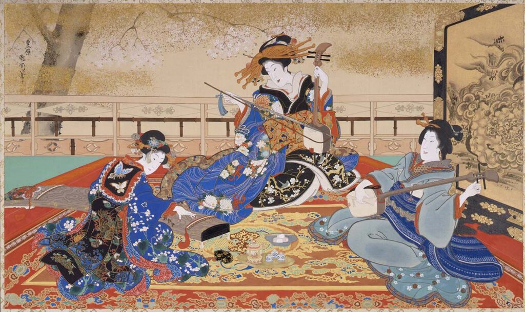 TOYOHARA Kunichika, Three courtesans playing music, Japan, before 1872, ink and color painting on silk © MAK/Georg Mayer