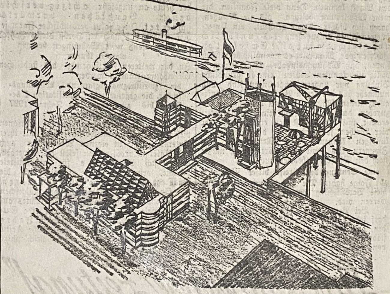 Ansicht des Österreichischen Pavillons aus der Vogelperspektive, Paris 1925; Zeitungsausschnitt. © MAK