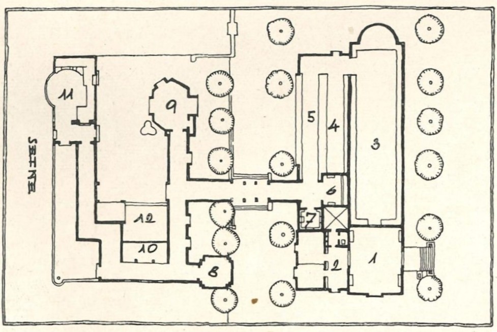 Grundriss des Österreichischen Pavillons, Paris 1925: Vorraum (1), Büro (2) Langer Saal (3), Vitrinensäle (4,5), Glas von J. & L. Lobmeyr (6), Papeterie (7), Kultraum Hanakschule (8), Orgelturm (9), Gobelinsaal (10), Glashaus (11), Café (12); Abbildung in Eisler 1925. © MAK