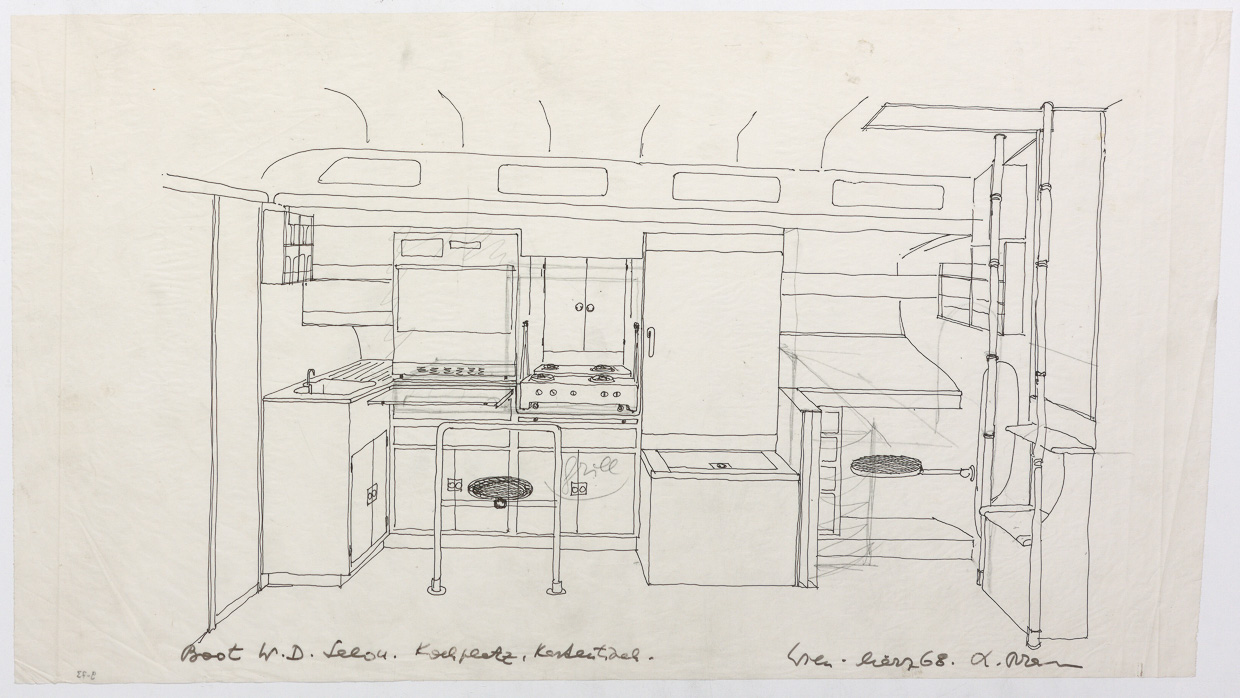 Innenraumdarstellung der Küche und des Kartentisches der Yacht Iorana für Wolfgang Denzel, 1968 © MAK