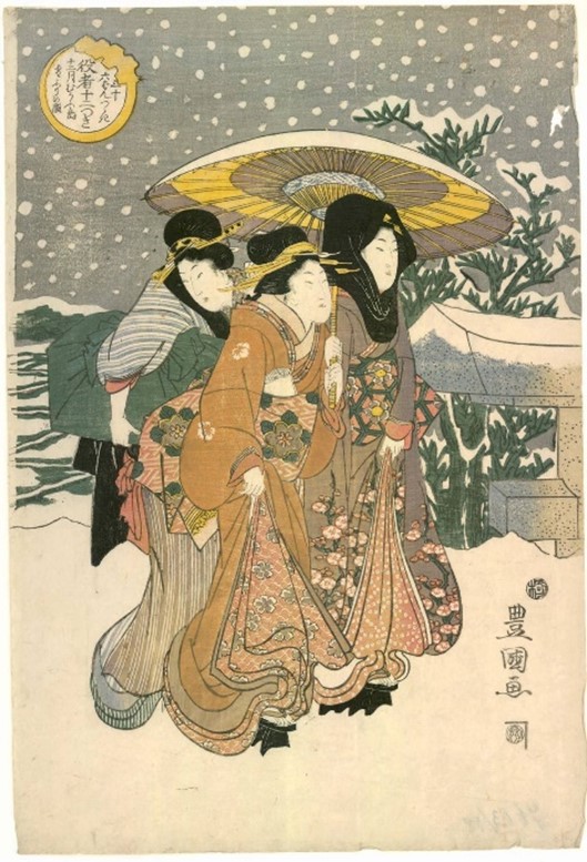 Ukiyo-e (Farbholzschnitt), „Zwölf Monate: Schneefall in Mukōjima“, 1809 © MAK