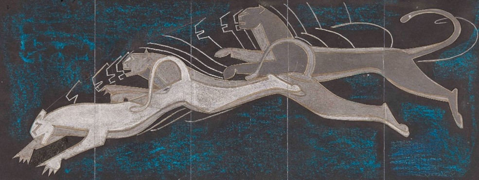 My Ullmann, Angreifender Panther in drei Phasen – Landung, 1962Bleistift, Kreide und Pastell auf schwarzem Tonpapier© Privatbesitz
