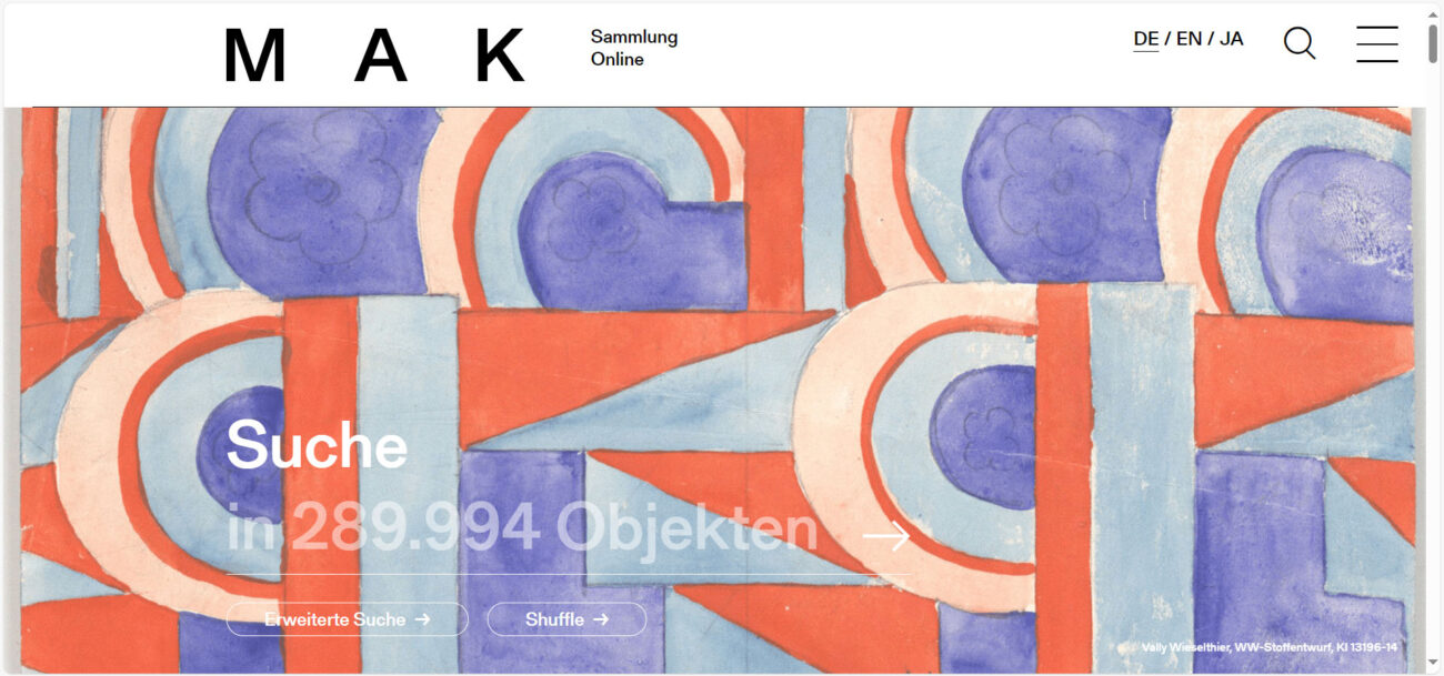 Eine Ansicht der Startseite der neuen MAK Sammlung Online © MAK